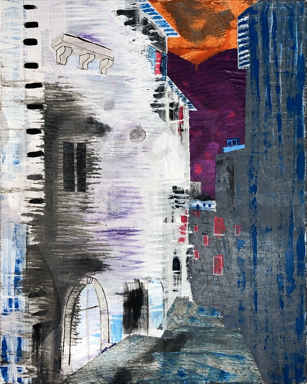 DAY IN ABRUZZO, a tall painting of an arched passage between stone walls beneath an orange and purple sky.