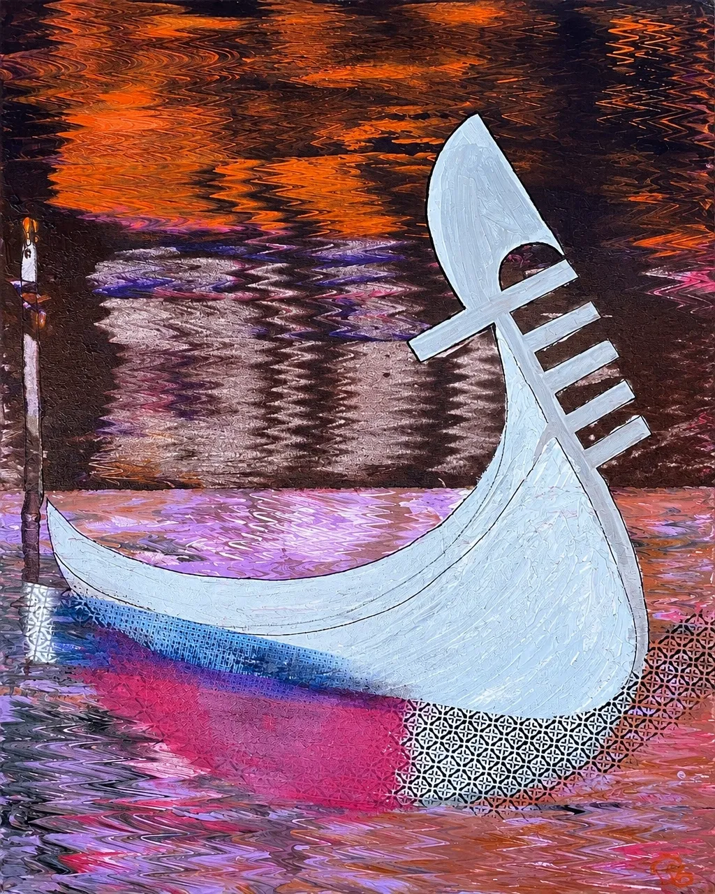 DONT ROCK MY GONDOLA, a pale gondola prow rising from dark, richly reflected water.