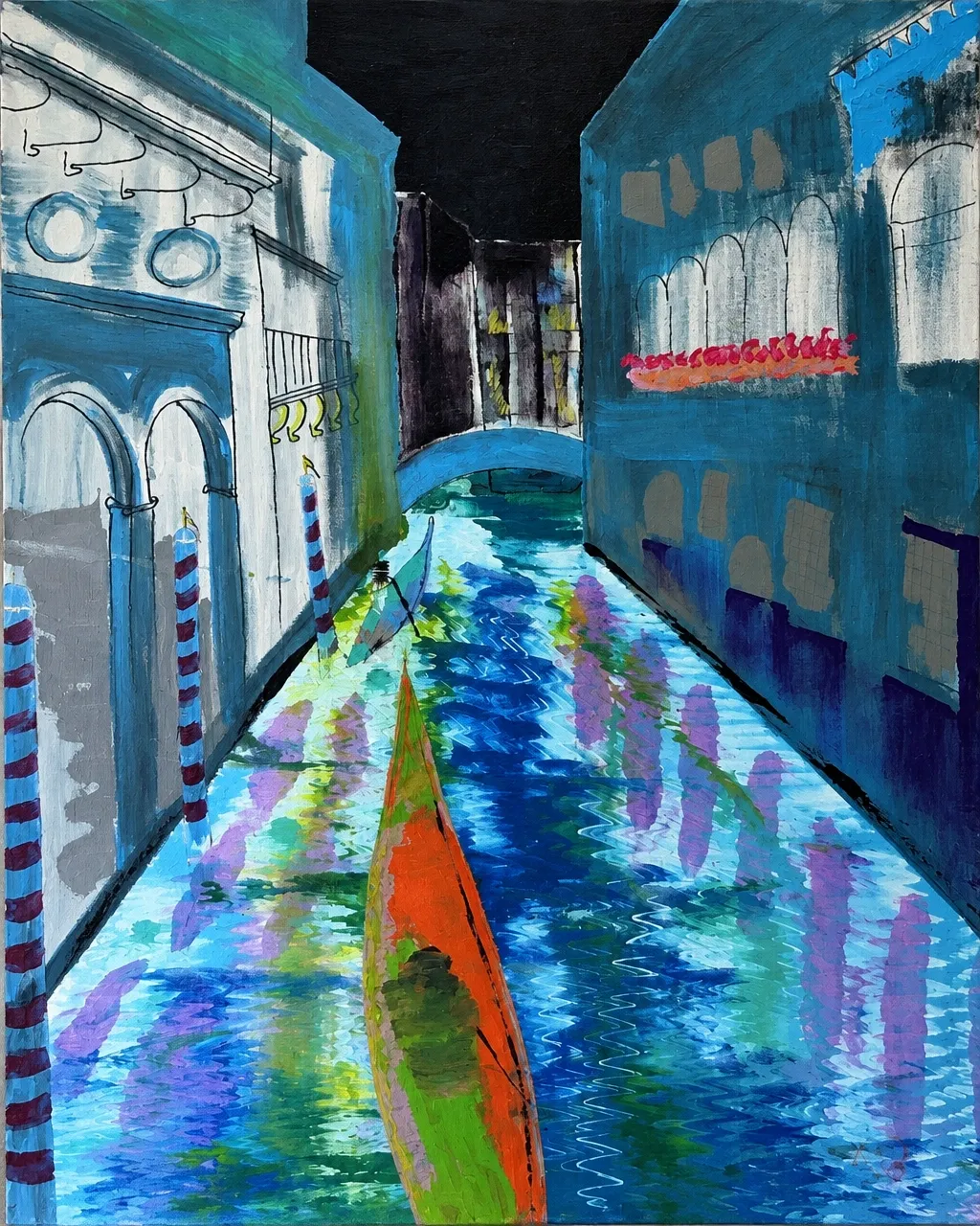 LA VIA GONDOLA, a narrow Venetian canal with striped mooring poles and an orange gondola in the foreground.